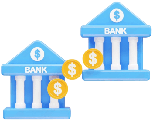 Two Blue Bank Buildings with White Pillars, Each Labeled "Bank," Accompanied by Yellow Coins Featuring a Dollar Sign