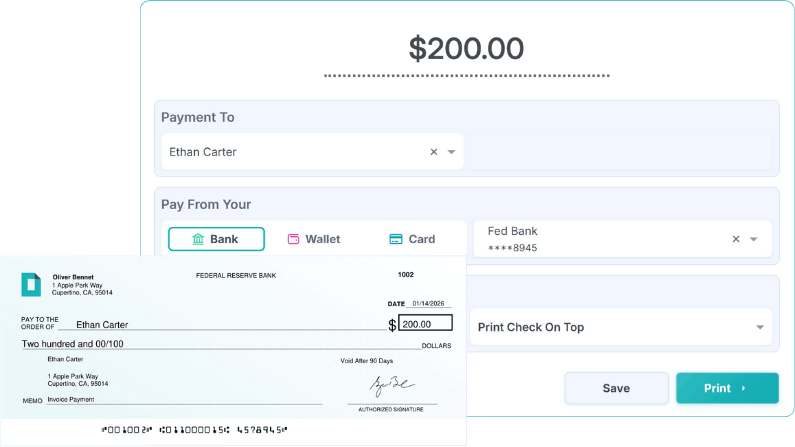 A Digital Payment Interface Displaying a $200 Check to Ethan Carter from Oliver Bennett, with Bank and Payment Options
