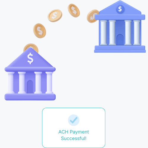 Two Bank Buildings with Coins Moving Between Them, Indicating a Successful ACH Payment. Text Reads, "ACH Payment Successful!"