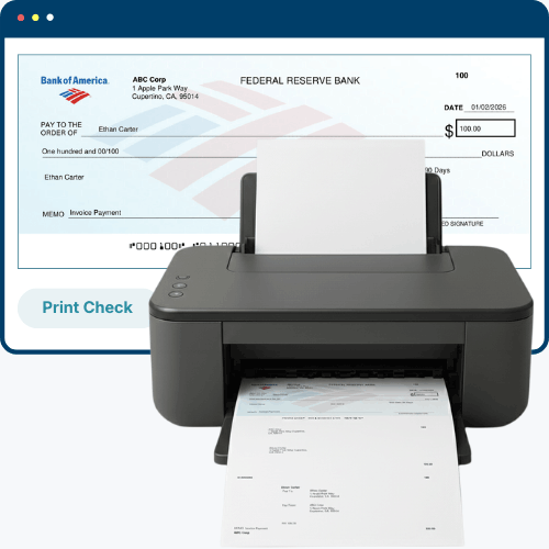 A Printer Ejects a Check for Ethan Carter, Featuring a Bank of America Design and Details, with a Digital Interface Above