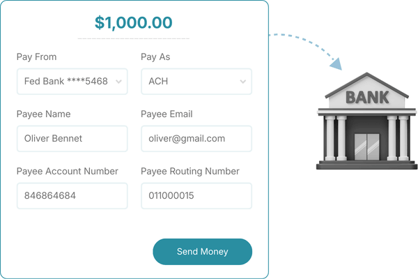 Payment Interface Showing a $1,000 Transaction Setup with Fields for Bank Details and a Send Money Button