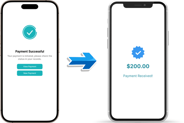 How Digital Payments Work in Simple Terms Two Smartphones Display a Payment Process: Left Shows "Payment Successful" Confirmation, Right Shows "$200.00 Payment Received!" with a Checkmark