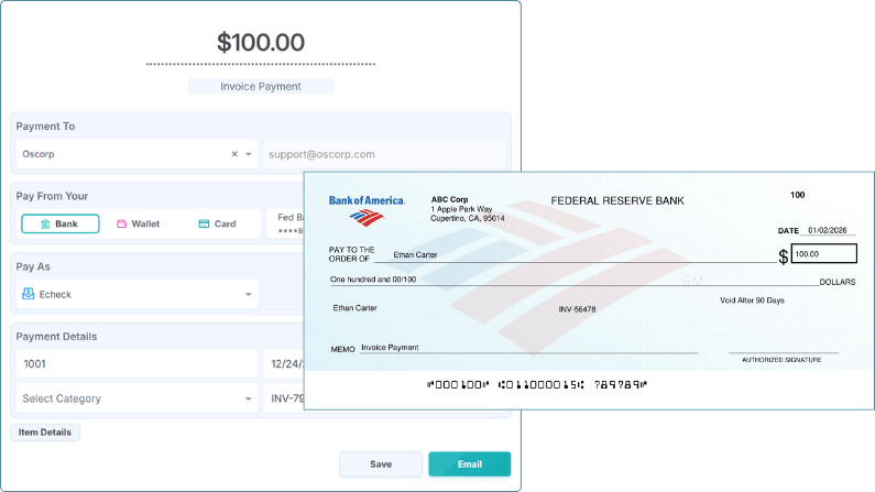 Check Payment Interface Showing a $100 Payment to "Oscorp" with Details for an eCheck and a Check Image for Ethan Carter