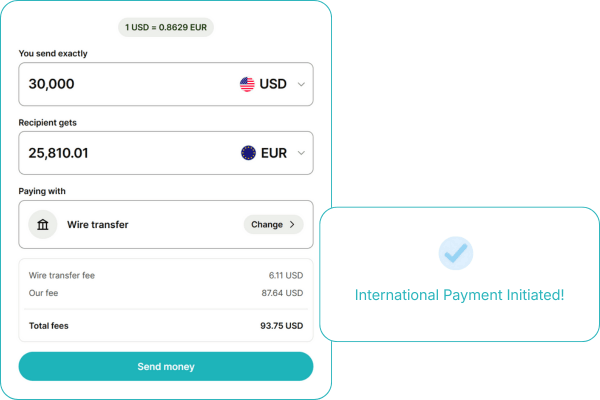 How FiChecks Supports International Payment and Multiple Payment Methods Screenshot of an International Money Transfer Interface, Showing Amounts in USD and EUR, Fees, and a Payment Confirmation Message