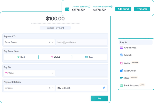 Check Payment Interface Showing a $100 Payment to "Oscorp" with Details for an eCheck and a Check Image for Ethan Carter