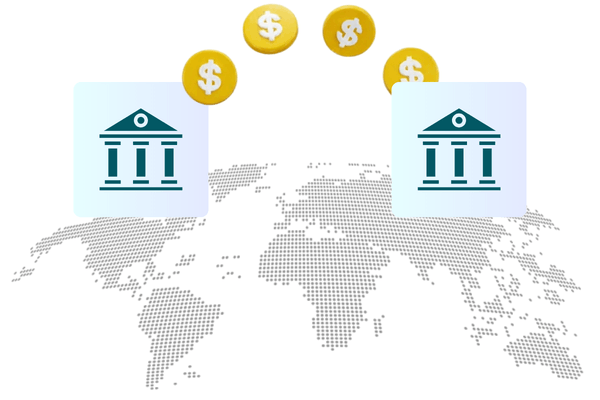 How Money Transfer Overseas Works Icons of Banks on a World Map, with Dollar Coins Transitioning Between Them, Symbolizing International Money Transfers
