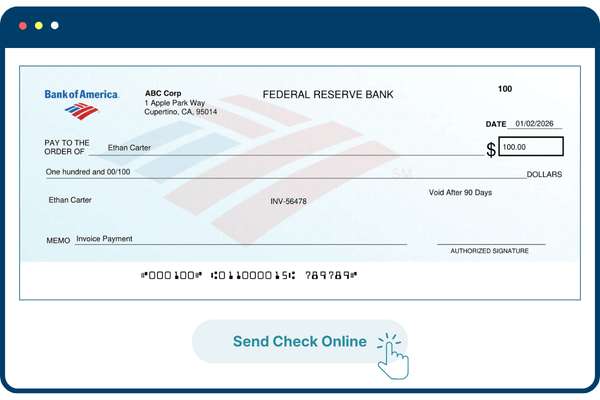 How Paying By Check Online Works A Digital Check from Bank of America, Payable to Ethan Carter for $100, Dated January 2, 2026, with a "Send Check Online" Button