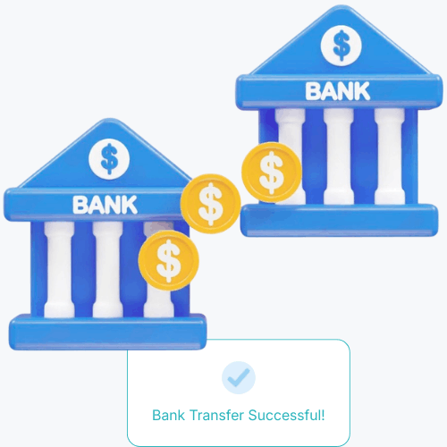 Instant Bank Transfer Two Bank Buildings with Dollar Signs, Accompanied by a Caption That Reads "Bank Transfer Successful!"