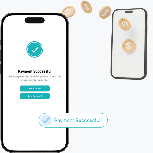 A Smartphone Displaying a "Payment Successful" Message, with Dollar Coin Icons Floating Above It, Indicating a Successful Transaction