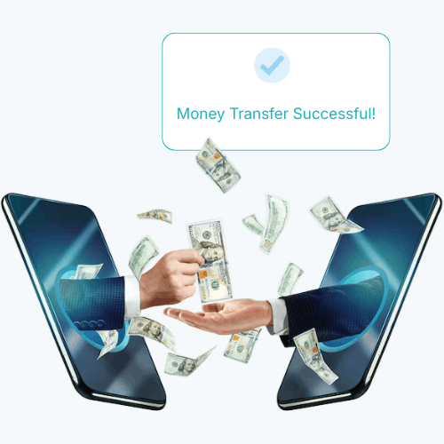 Two Smartphones Display Hands Exchanging Cash, with Flying Dollar Bills, and a Message Stating "Money Transfer Successful!" Above