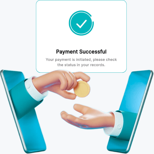 A Graphic Showing Two Hands Emerging from Smartphones Exchanging a Coin, with a Message Indicating "Payment Successful"