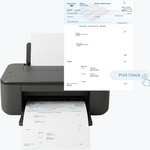 A Printer with a Check Being Printed, Showing the Federal Reserve Bank Logo and Relevant Check Details, Alongside a "Print Check" Button