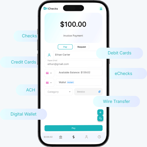 A Mobile App Interface Displaying a Payment of $100, with Options for Various Payment Methods Like Debit Cards, Checks, and Digital Wallets