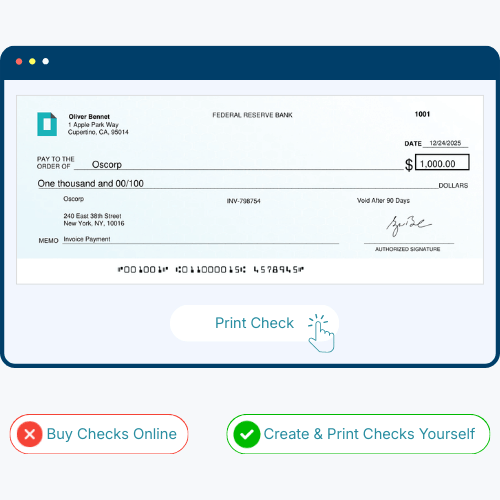 A Digital Check from the Federal Reserve Bank for $1,000, Payable to Oscorp with Instructions to Print or Create Checks.