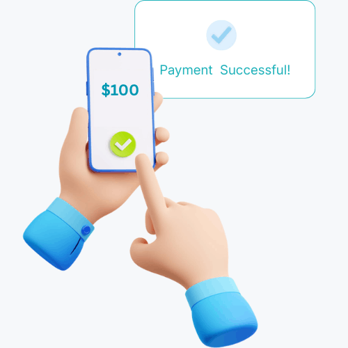 Illustration of Hands Holding a Smartphone Showing a $100 Payment Confirmation with a "Payment Successful!" Message