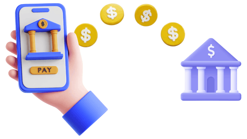 Hand Holding Smartphone with Bank App Showing "PAY," Sending Coins to a Purple Bank Building, Symbolizing Online Money Transfer