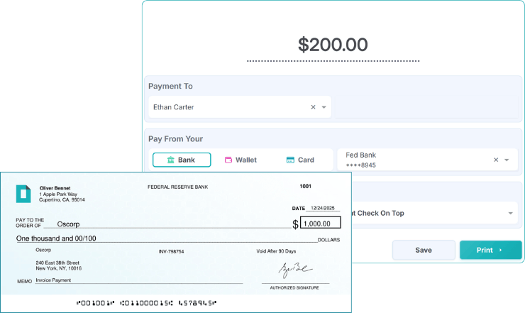 Screenshot of a $200 Payment Interface to Ethan Carter from Fed Bank, Overlaid on a $1,000 Check Payable to Oscorp Dated 12/24/2025