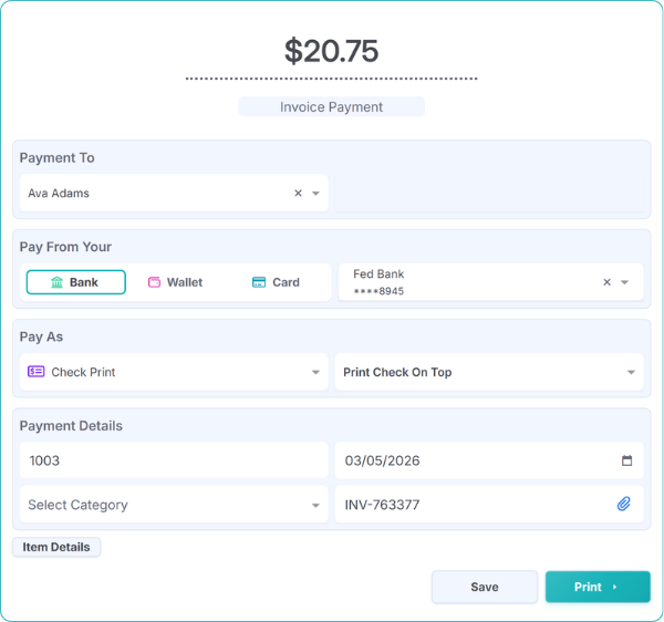 How FiChecks Simplifies Check Writing Payment Form for $100, Including Fields for Recipient, Payment Method, and Payment Details