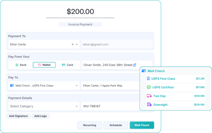 Online Payment Interface Showing $200 Invoice, Payee and Payer Details, Payment Methods, Shipping Options, and Buttons to Schedule or Mail Check