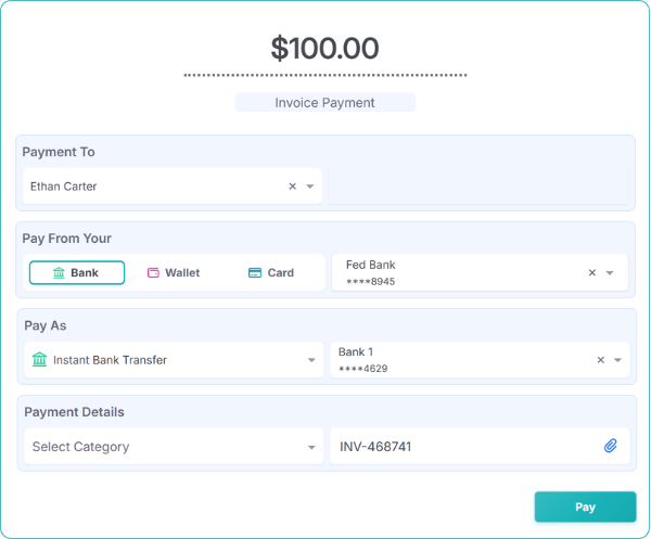 How FiChecks Supports Instant Bank Transfer Payment Form for $100, Including Fields for Recipient, Payment Method, and Payment Details