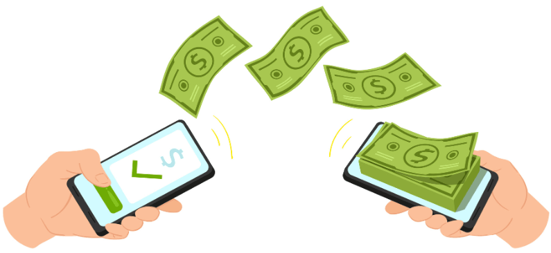 Illustration of Hands Holding Smartphones with Digital Money Transferring from One Phone to Another
