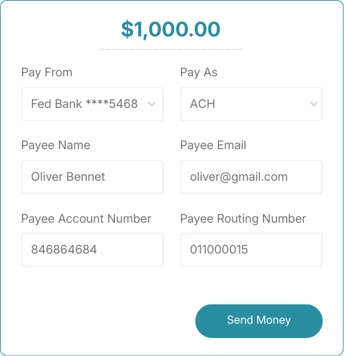 How Online Money Transfers Work Transfer Form Displaying Payment Details: $1,000 from Fed Bank to Oliver Bennet Via ACH, Including Account and Routing Numbers