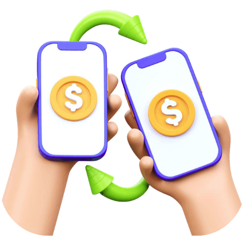 Hands Holding Two Smartphones with Dollar Symbols on Screens and Green Arrows Indicating P2P Payments