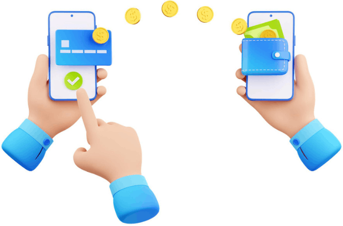 Hands Holding Smartphones Showing Digital Payment, with Coins Transferring from a Card on One Phone to a Wallet on the Other Phone