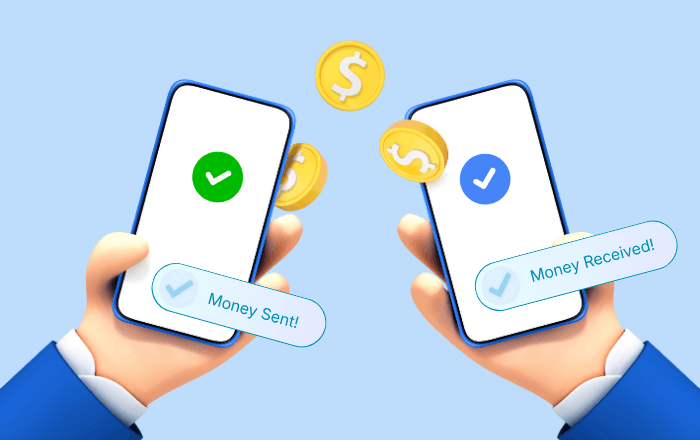 Two Hands Holding Smartphones Showing "Money Sent!" and "Money Received!" with Floating Gold Coins Against a Blue Background