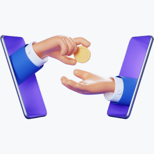 Two Hands Emerging from Smartphone Screens, One Handing a Gold Coin to the Other, Symbolizing P2P Payments or Online Transactions