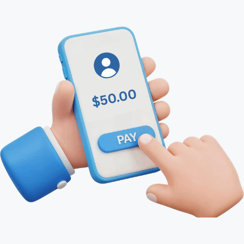 3D Illustration of a Hand Holding a Smartphone Displaying a $50 Payment Screen with a Finger Pressing the "PAY" Button