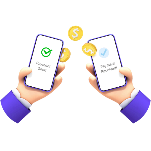 Two Hands Holding Smartphones Showing "Payment Sent!" and "Payment Received!" with Coins Transferring Between Them