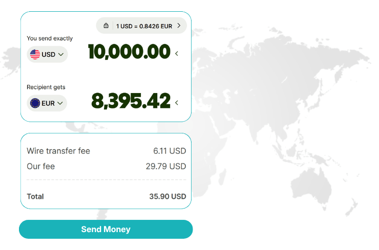 Currency Exchange Showing $10,000 USD Converts to €8,395.42 EUR with a $35.90 Total Fee for Wire Transfer and Service
