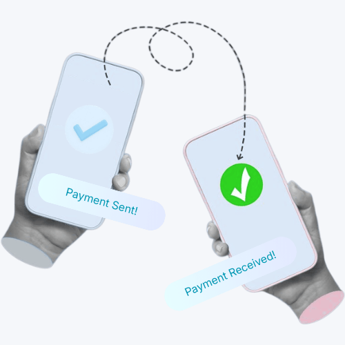 Two Hands Hold Smartphones Displaying Payment Notifications: One Says "Payment Sent!" and the Other "Payment Received!" with Checkmarks
