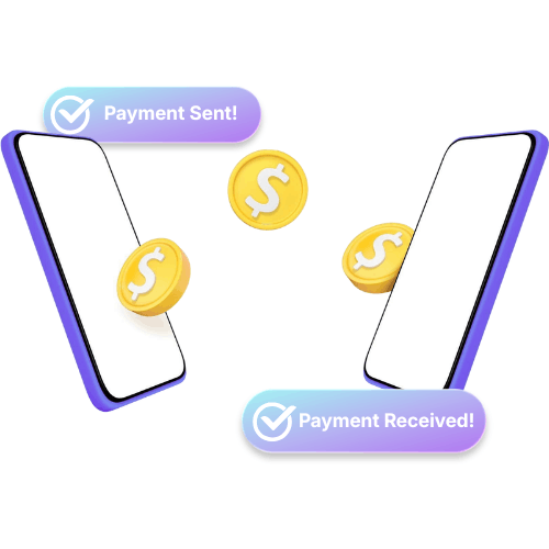 Two Smartphones Exchanging Money, with "Payment Sent!" and "Payment Received!" Confirmation Messages