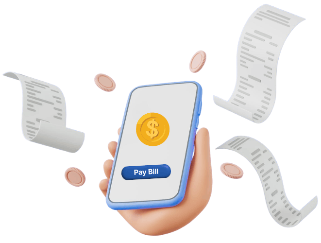 Hand Holding Smartphone with a "Pay Bill" Button on Screen, Surrounded by Floating Receipts and Coins
