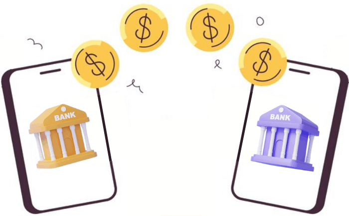 Two Smartphones with Bank Icons Transferring Floating Golden Coins with Dollar Signs Between Them, Symbolizing Digital Money Transfer