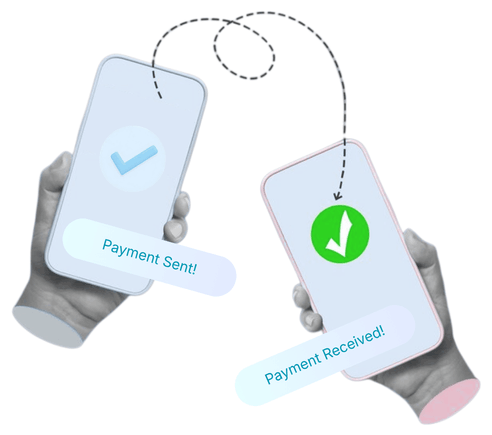 Two Hands Holding Smartphones Showing "Payment Sent!" and "Payment Received!" with a Dotted Arrow Connecting Them