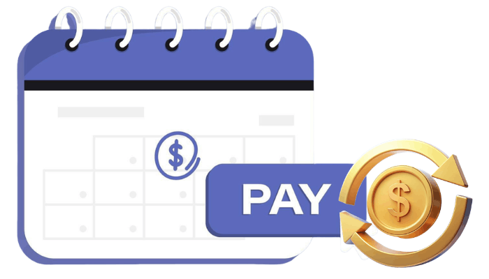 Illustration of a Calendar with a Dollar Sign Marked Date, a "PAY" Button, and a Gold Coin with Circular Arrows Symbolizing Payment or Billing Cycle