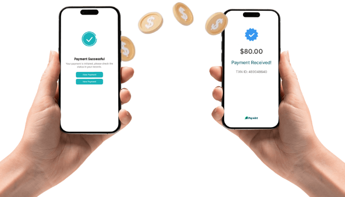 Two Hands Holding Smartphones Displaying Payment Confirmation Screens with Floating Dollar Coins Between Them