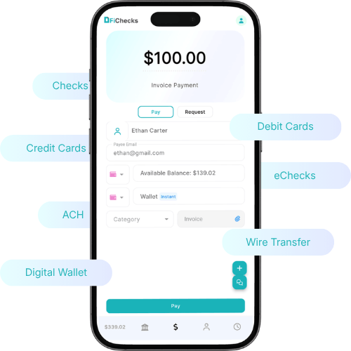 Mobile Payment App Screen Showing a $100 Invoice Payment to Ethan Carter Via Wallet with Options for Cards, ACH, Digital Wallet, and Wire Transfer
