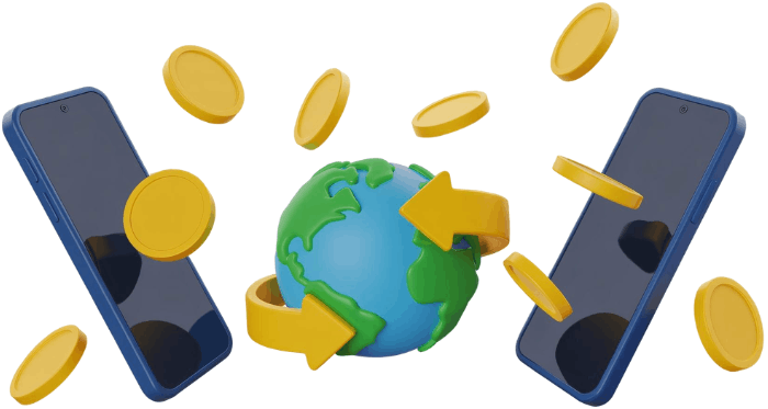 Two Smartphones with Gold Coins and a Globe Between Them, Connected by Yellow Arrows, Representing Global Mobile Money Transfer