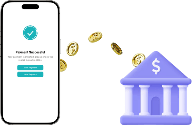 Smartphone Screen Displays a Payment Successful Message with Coins Transferring to a Purple Bank Building Icon