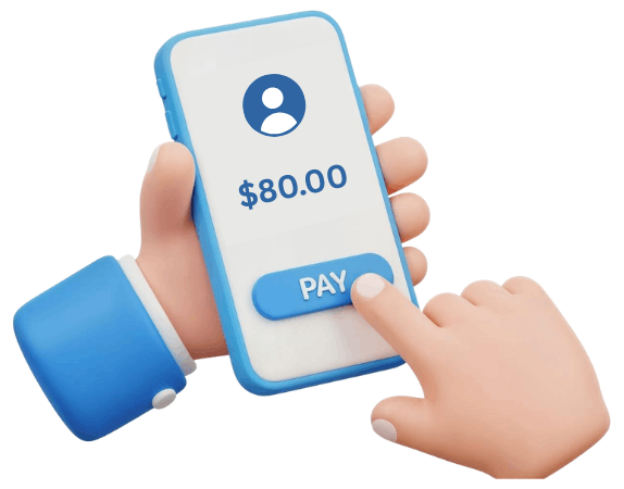 Hand Holding Smartphone with $80.00 Payment Displayed, Finger About to Press Blue "PAY" Button on Screen