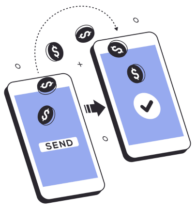 Two Smartphones Showing Digital Money Transfer with Dollar Icons Moving from One to Another and a "Send" Button