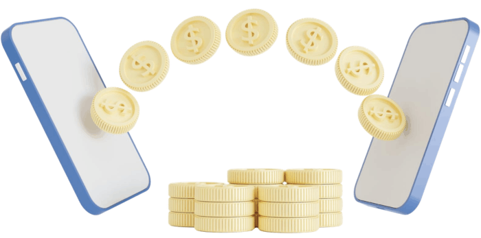 Two Smartphones with Dollar Coins Flying from One to the Other, Symbolizing Mobile Money Transfer