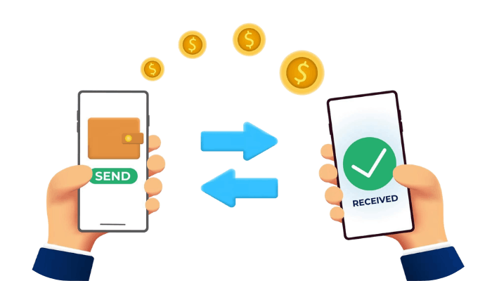 Two Hands Holding Smartphones Showing Digital Money Transfer, with Coins and Bidirectional Arrows Between Devices