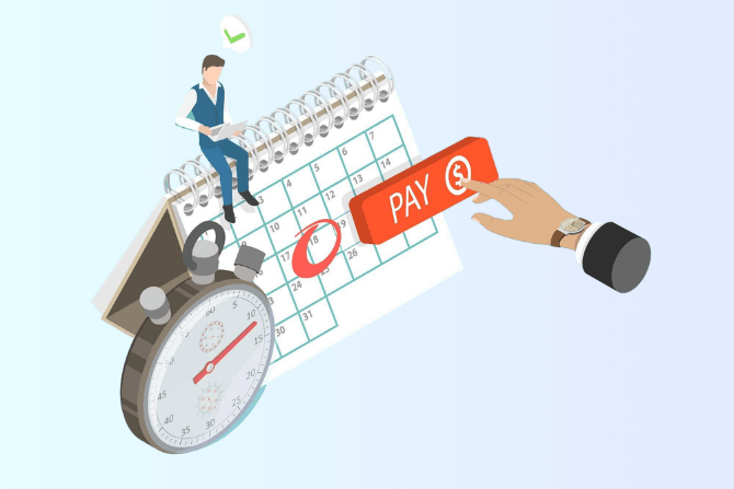 Illustration of Payment Deadline, Showing a Calendar with a Circled Date, a Stopwatch, and a Hand Pressing a Red "PAY" Button