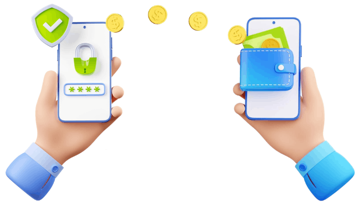 Two Hands Holding Smartphones, One Showing a Secure Login with a Lock and Checkmark, the Other Displaying a Digital Wallet with Money and Coins