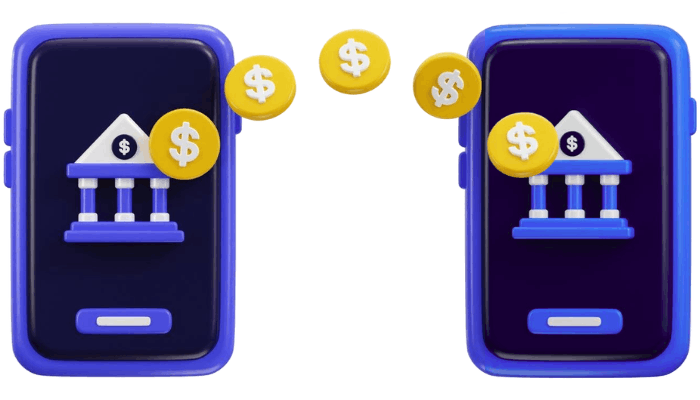 Two Smartphones with Bank Icons on Screens Transferring Digital Money Coins Between Them